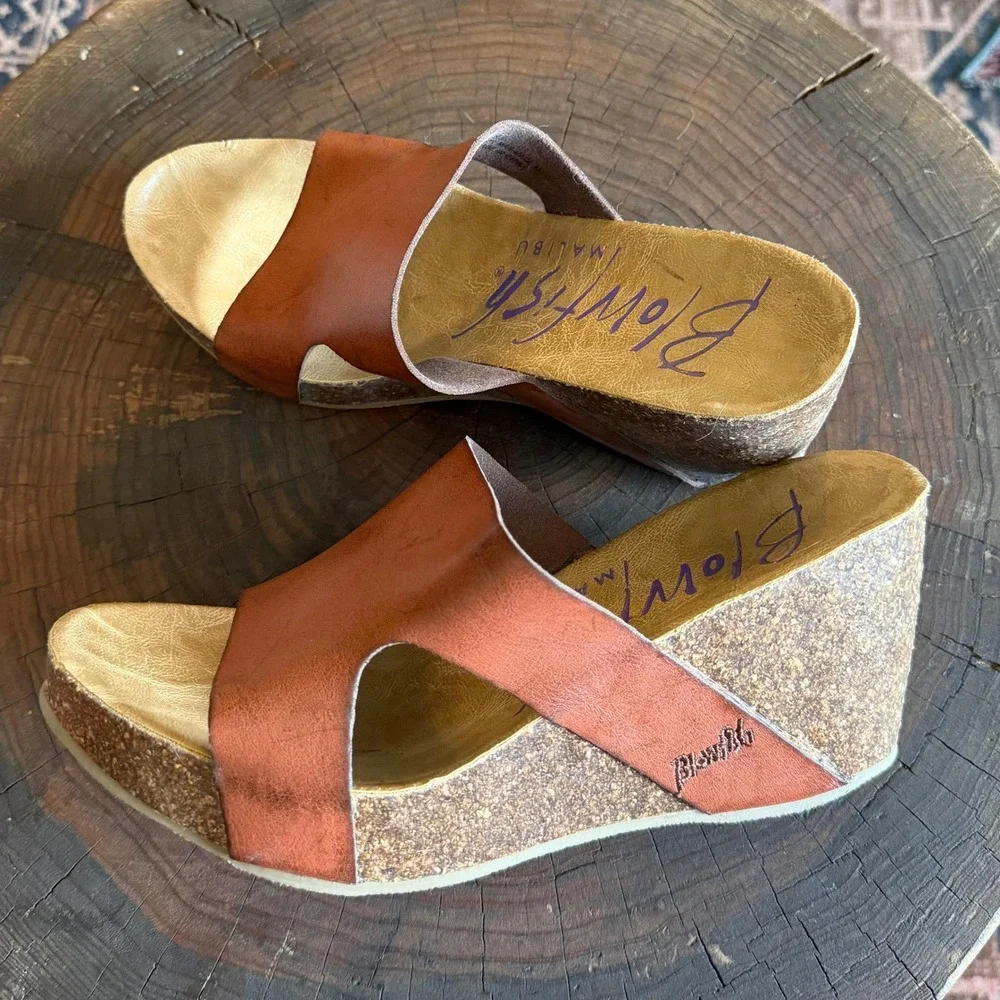 Blowfish Malibu Womens Brown Faux Leather Cork Wedge Platform Slide Sandals 8.5